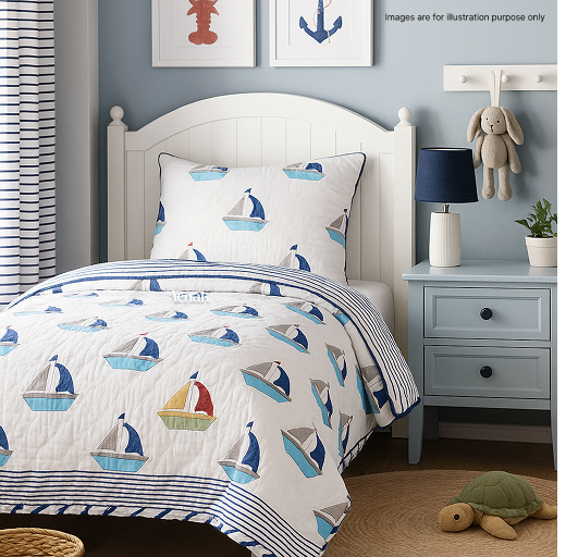 Blue & Red Boat Handblock Printed Reversible Mulmul Cotton Blanket