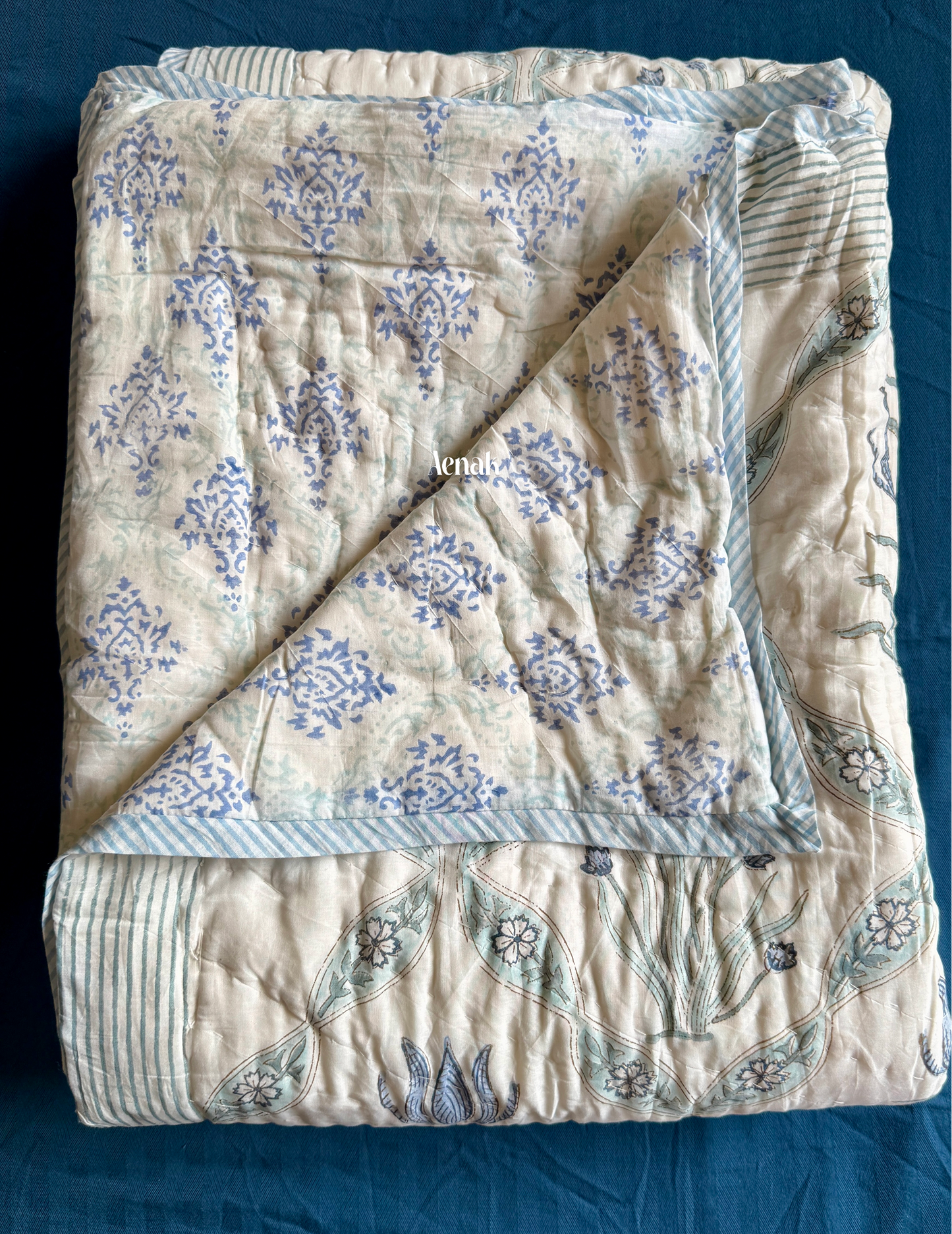 Blue Lotus Handblock Printed Reversible Mulmul Cotton Quilt