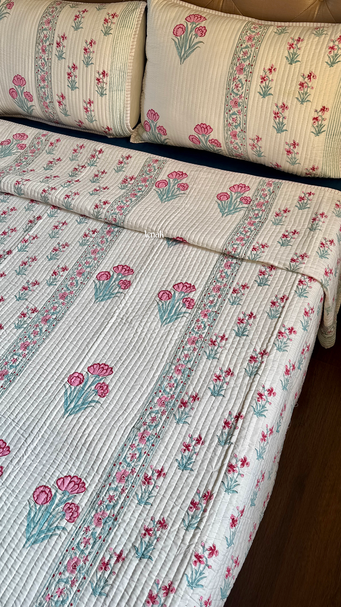 Pink & Sage Blue Floral Handblock Printed Reversible Straight Quilted Bedcover