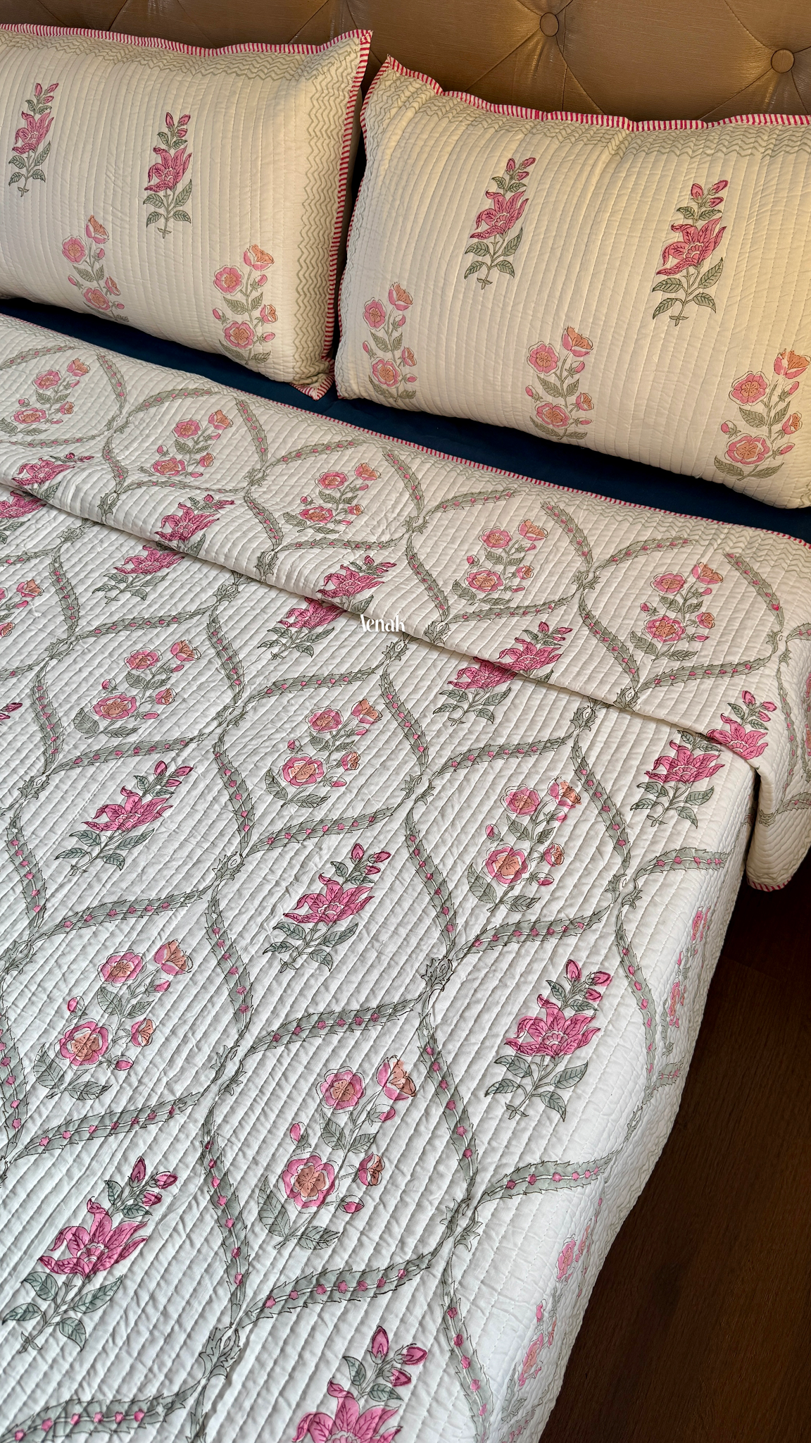 Pink Periwinkle Jaal Handblock Bedsheet + Straight Quilted Bedcover Combo Set