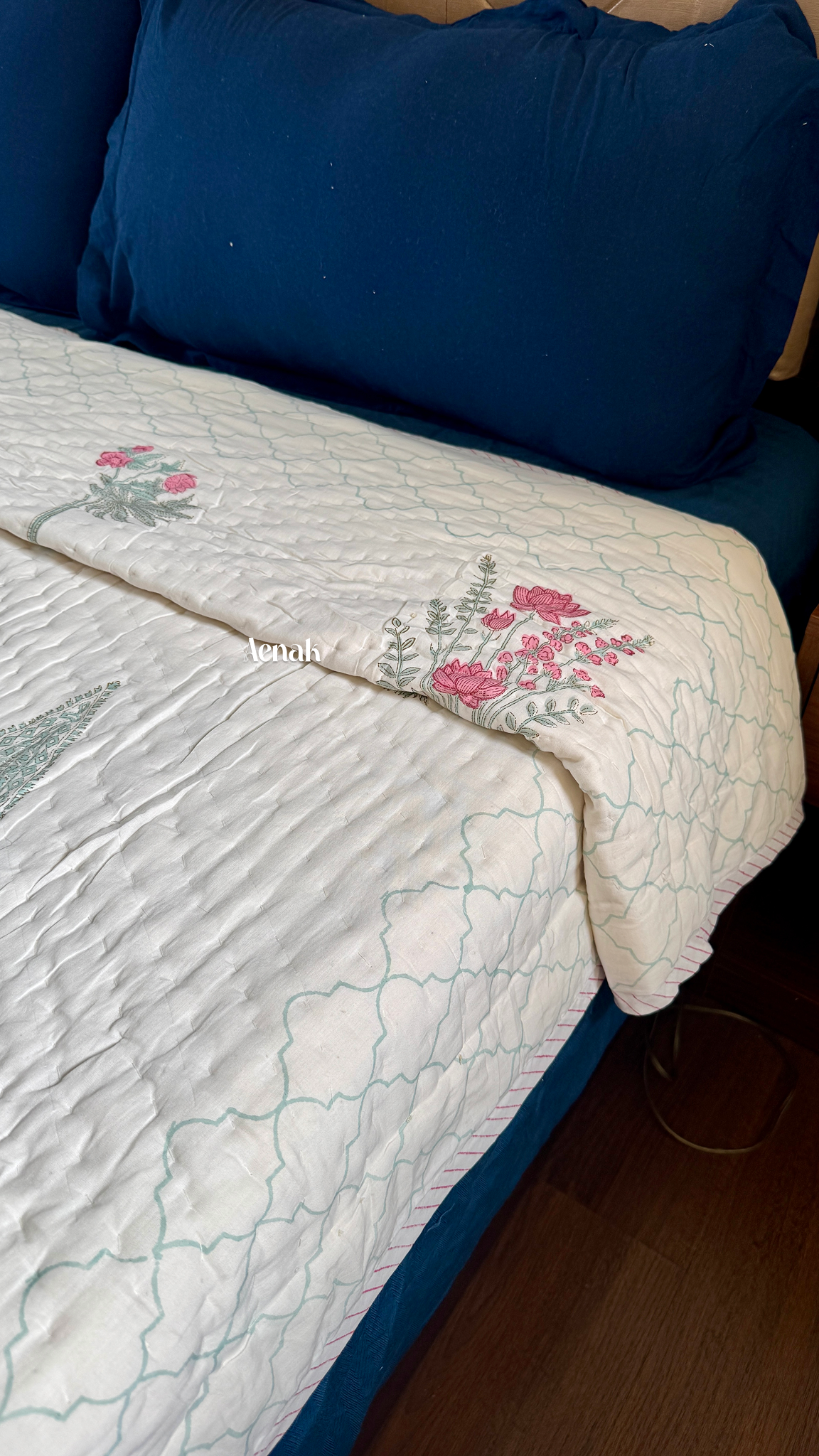 Green Ashoka Handblock Bedsheet + Quilt Combo