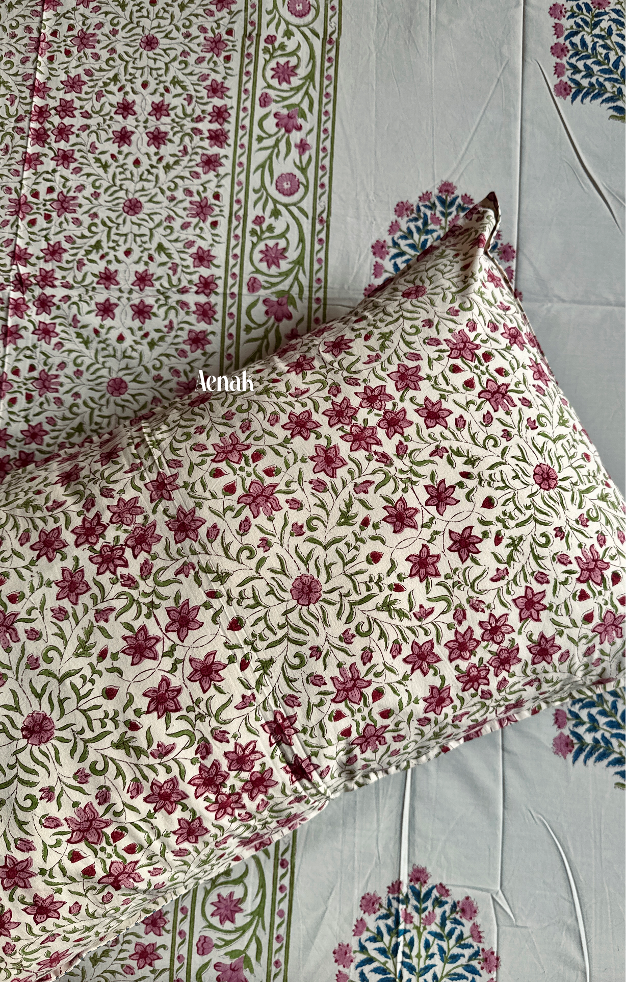 Burgundy & Beige Floral Handblock Printed Premium Cotton Bedsheet (Beige Base)