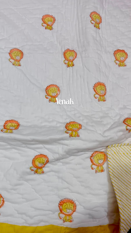 Orange Lion Handblock Printed Reversible Mulmul Cotton Blanket