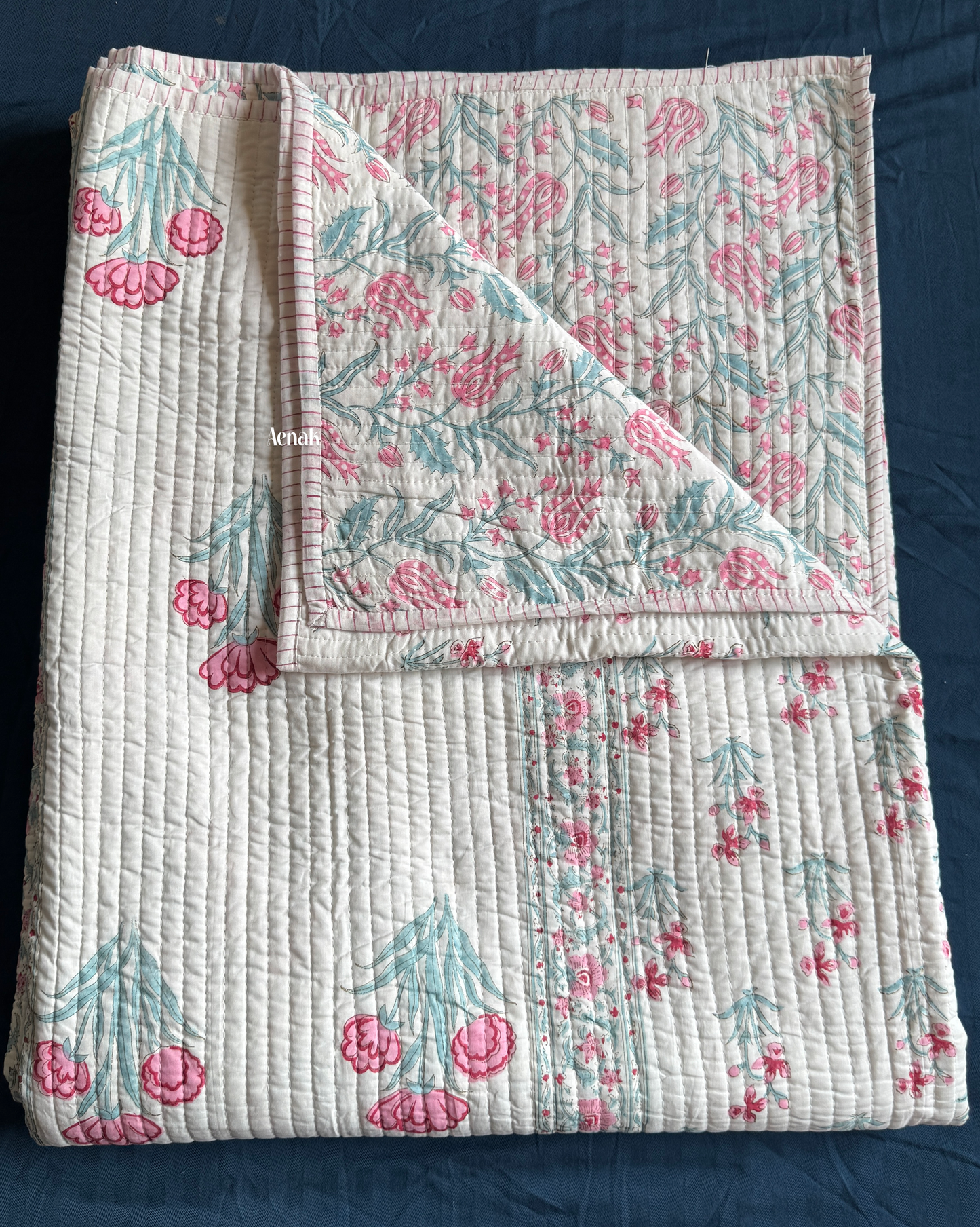 Pink & Sage Blue Floral Handblock Printed Reversible Straight Quilted Bedcover
