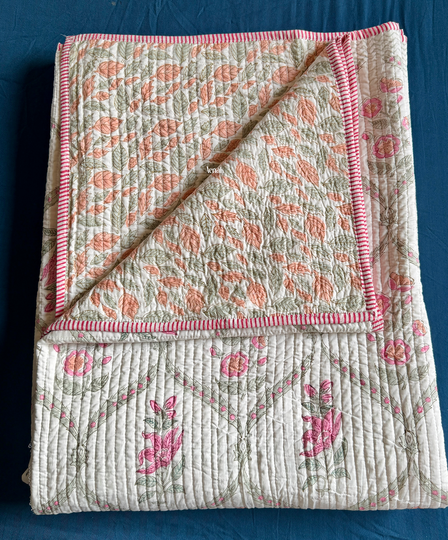 Pink Periwinkle Handblock Printed Reversible Straight Quilted Bedcover
