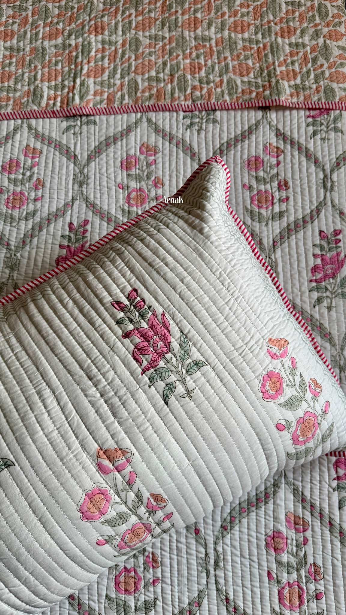 Pink Periwinkle Handblock Printed Reversible Straight Quilted Bedcover