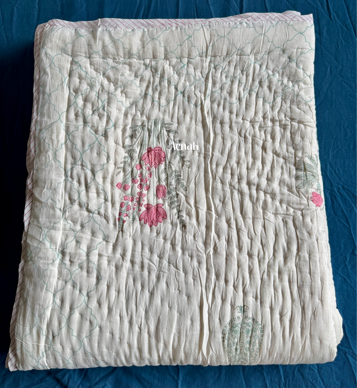 Green Ashoka Handblock Printed Reversible Mulmul Cotton Quilt