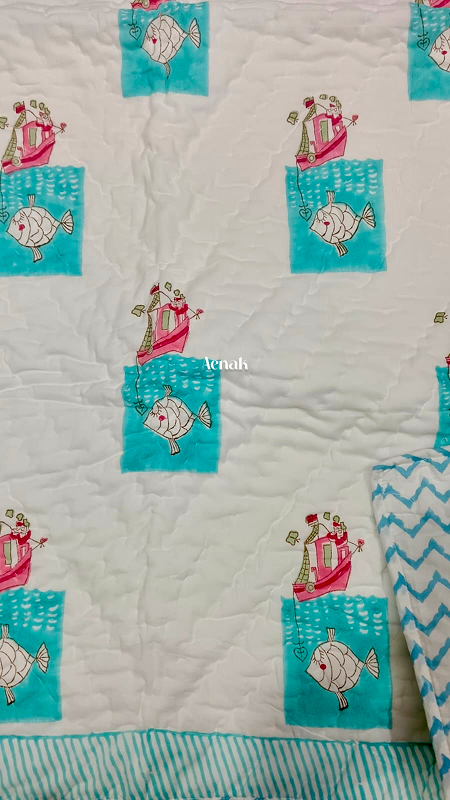 Fish & Ship Handblock Printed Reversible Mulmul Cotton Blanket