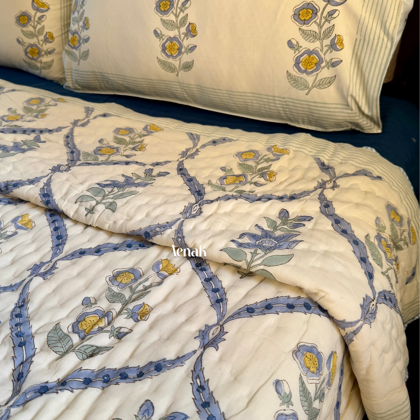 Blue Periwinkle Handblock Reversible Mulmul Cotton Quilt (Beige Base)