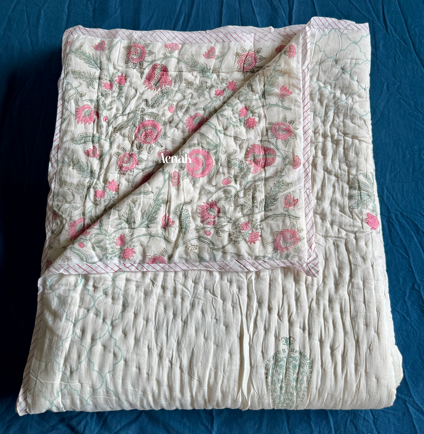 Green Ashoka Handblock Bedsheet + Quilt Combo