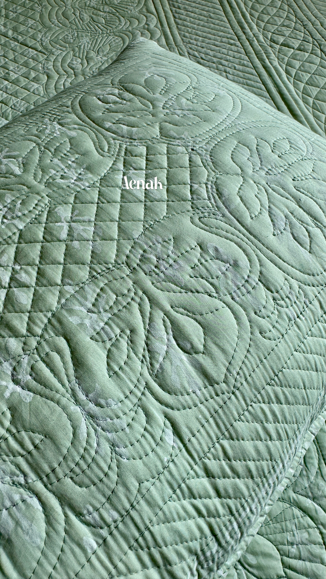 Light Green Embossed Quilted Handblock Printed Bedcover