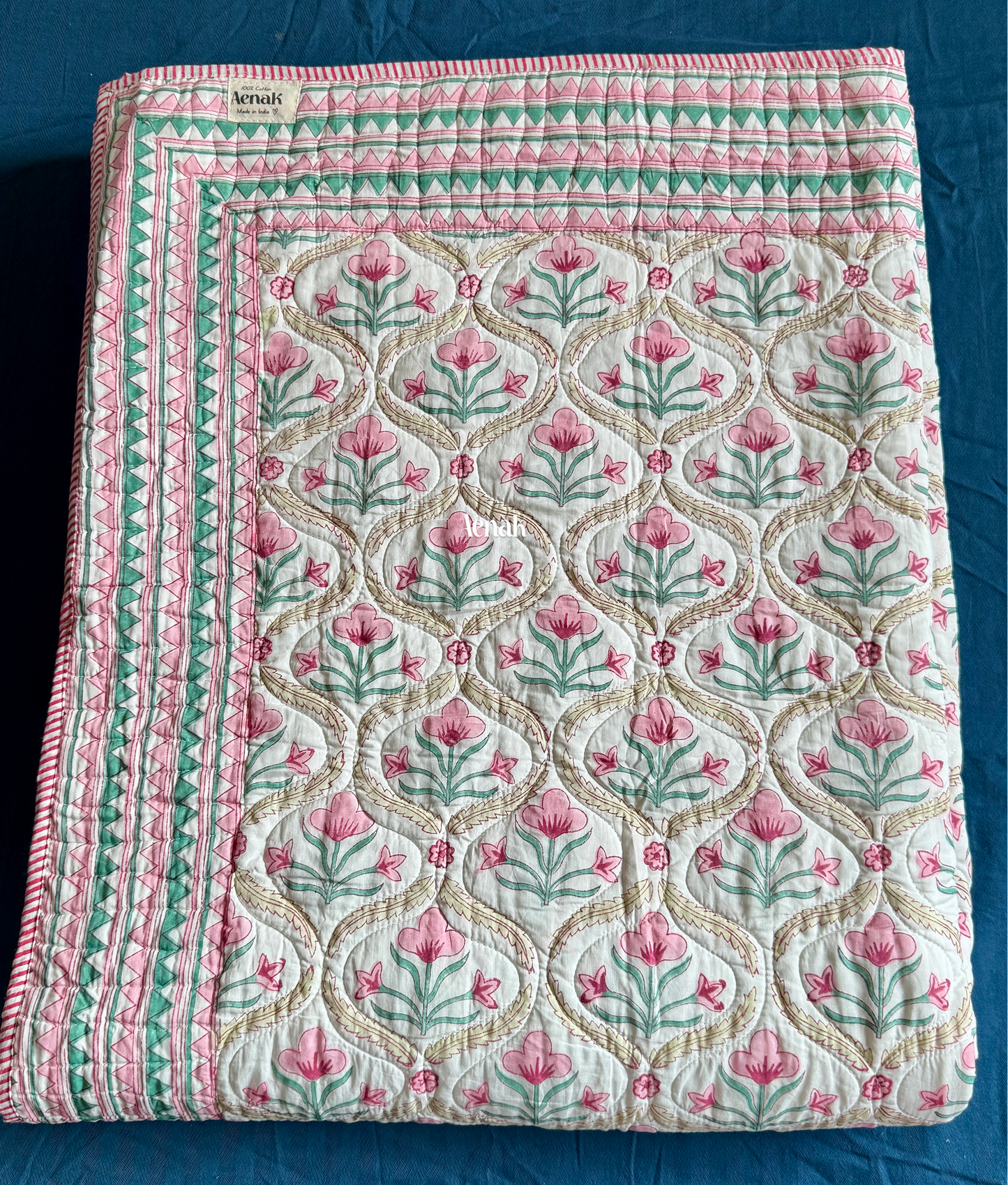 Pink & Green Cotton Bud Handblock Printed Reversible Quilted Bedcover