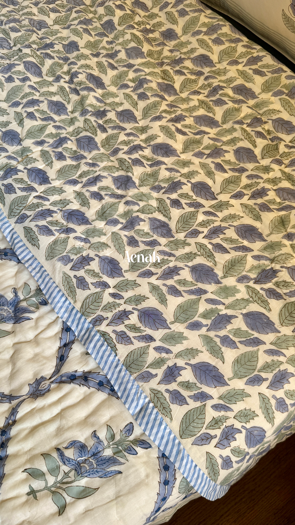 Blue Periwinkle Handblock Reversible Mulmul Cotton Quilt (Beige Base)