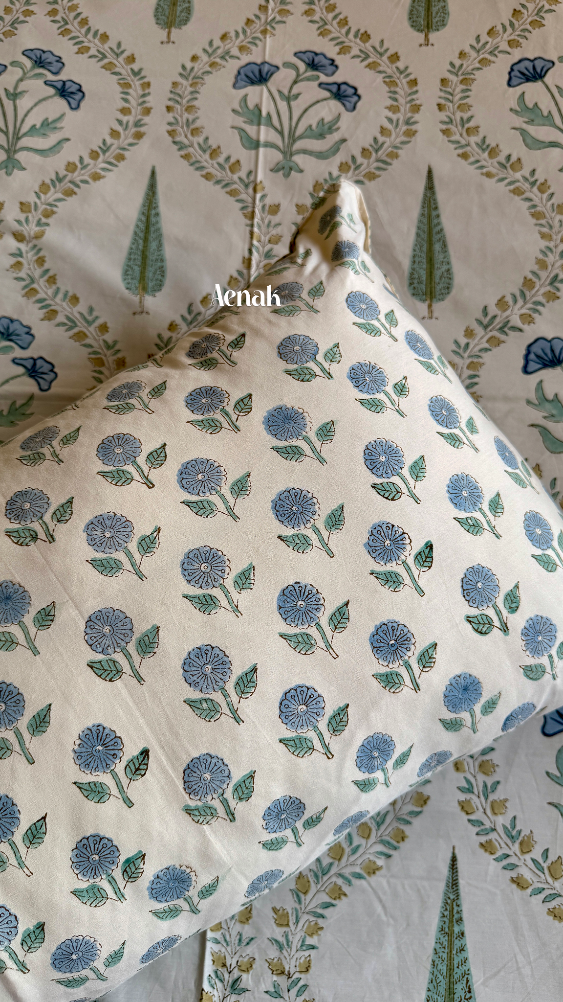 Blue Poppy Handblock Bedsheet + Straight Quilted Bedcover Combo Set (Beige Base)