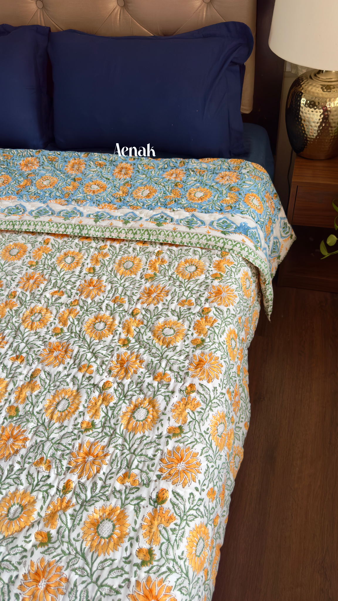 Blue & Yellow Floral Garden Handblock Printed Reversible Mulmul Cotton Quilt