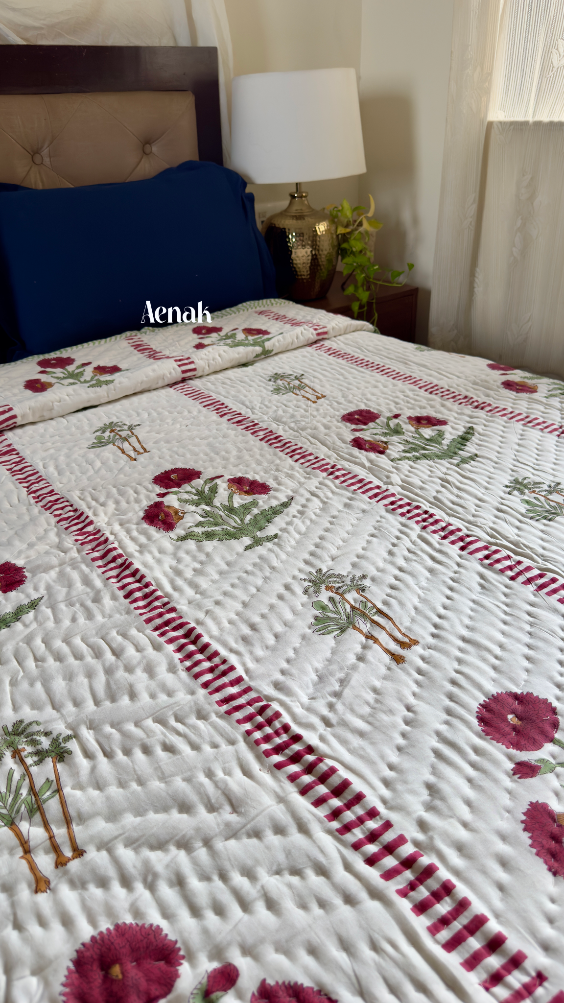 Red Dahlia Handblock Printed Reversible Mulmul Cotton Quilt