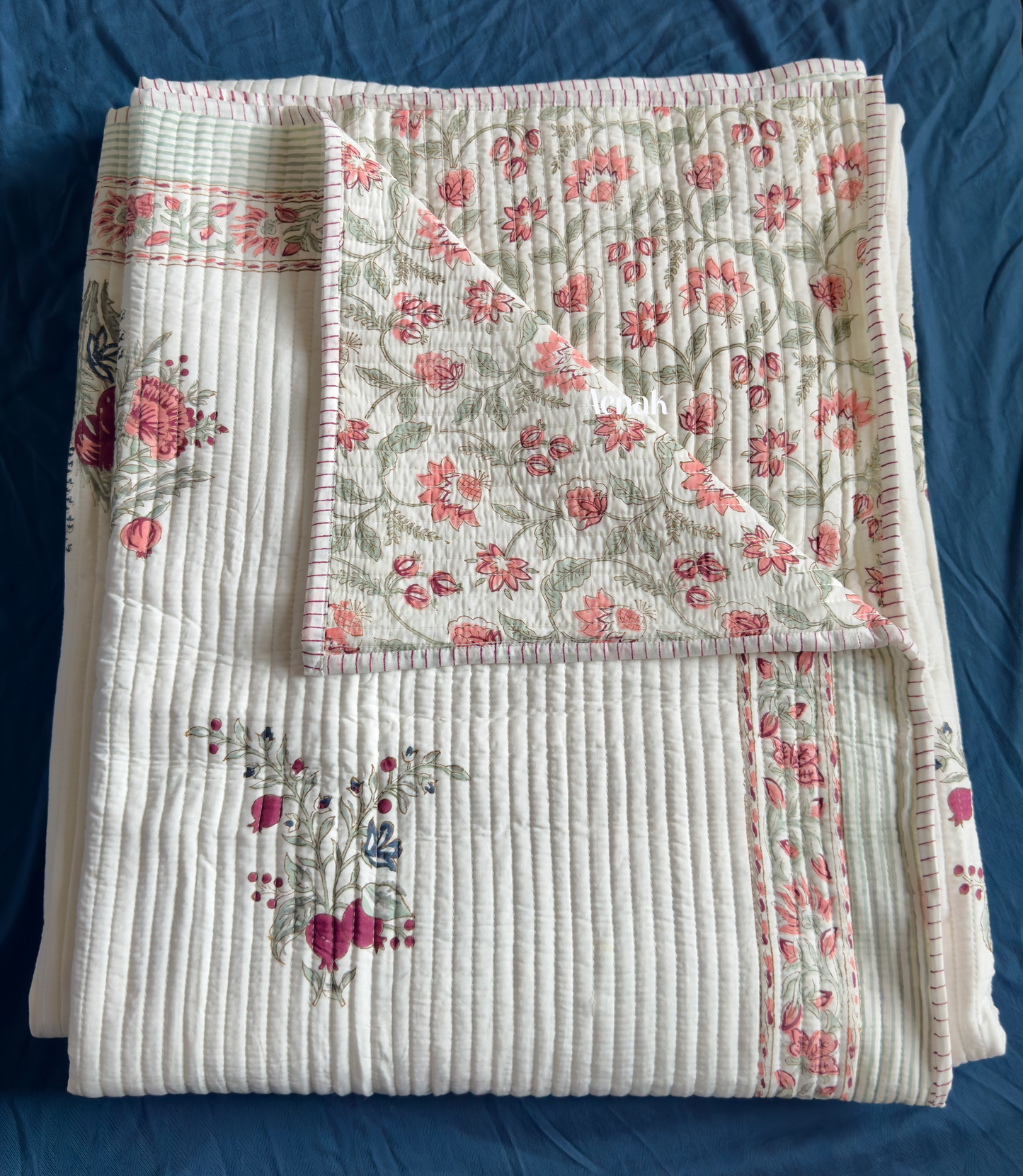 Burgundy Anaar Handblock Printed Reversible Straight Quilted Bedcover Set-105x108