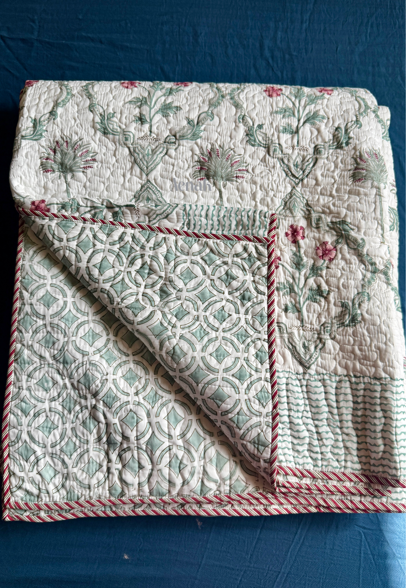 Sage Green Jaal Handblock Printed Reversible Quilted Cotton Bedcover