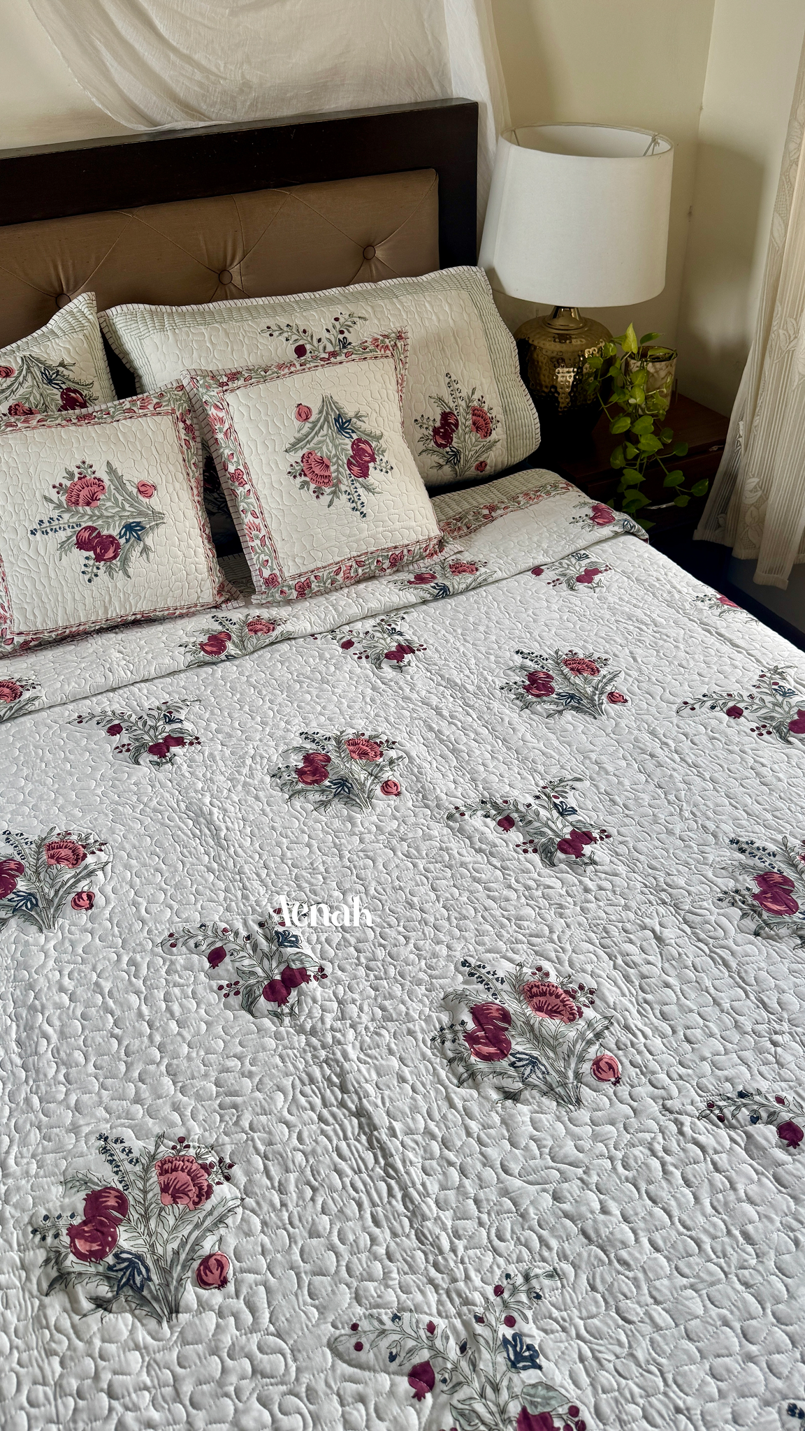 Burgundy Anaar Handblock Bedsheet + Quilted Bedcover Combo