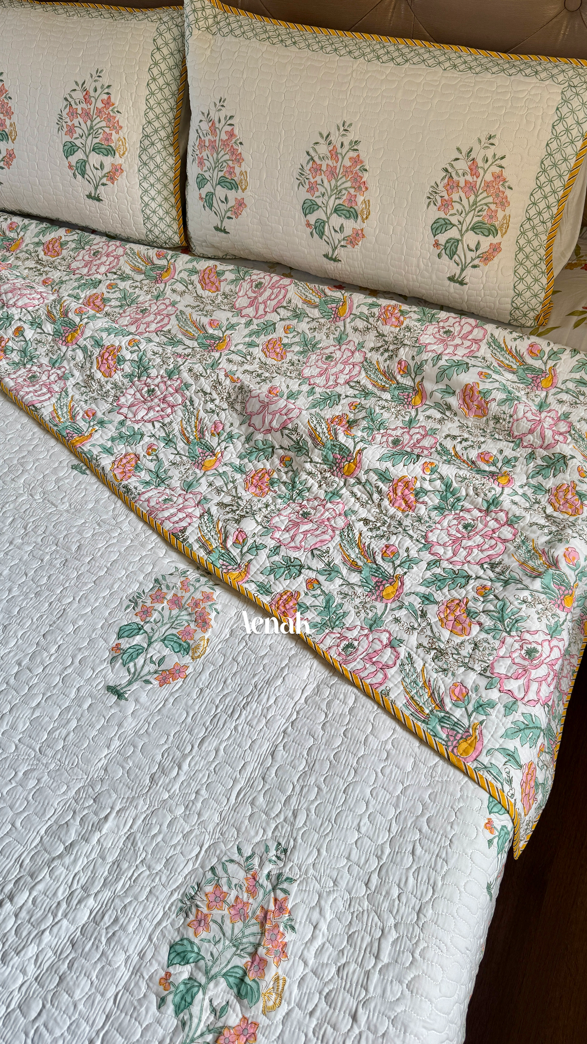 Peach Anokhi Handblock Printed Reversible Quilted Bedcover