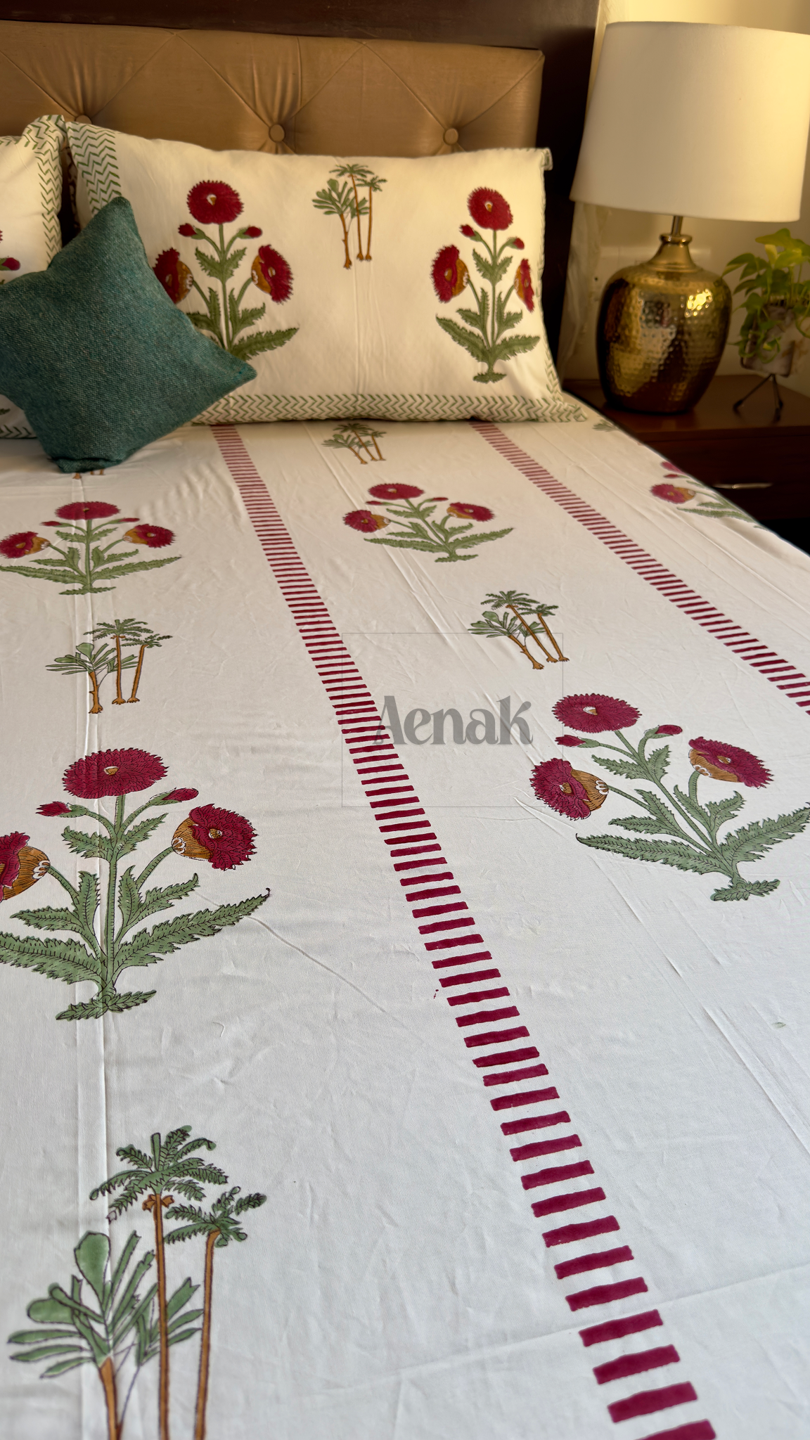 Red Dahlia Floral Handblock Premium Cotton Bedsheet Set