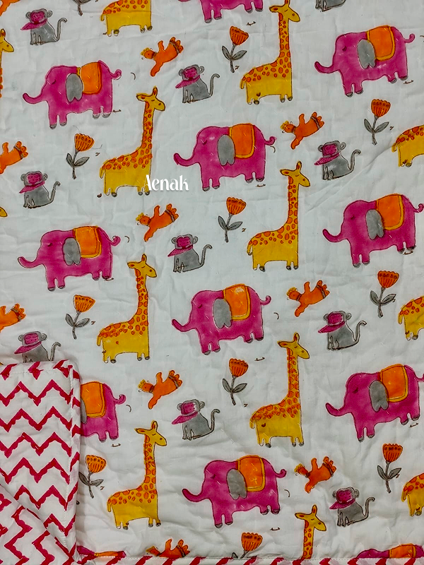 Orange Giraffe Handblock Printed Reversible Mulmul Cotton Blanket