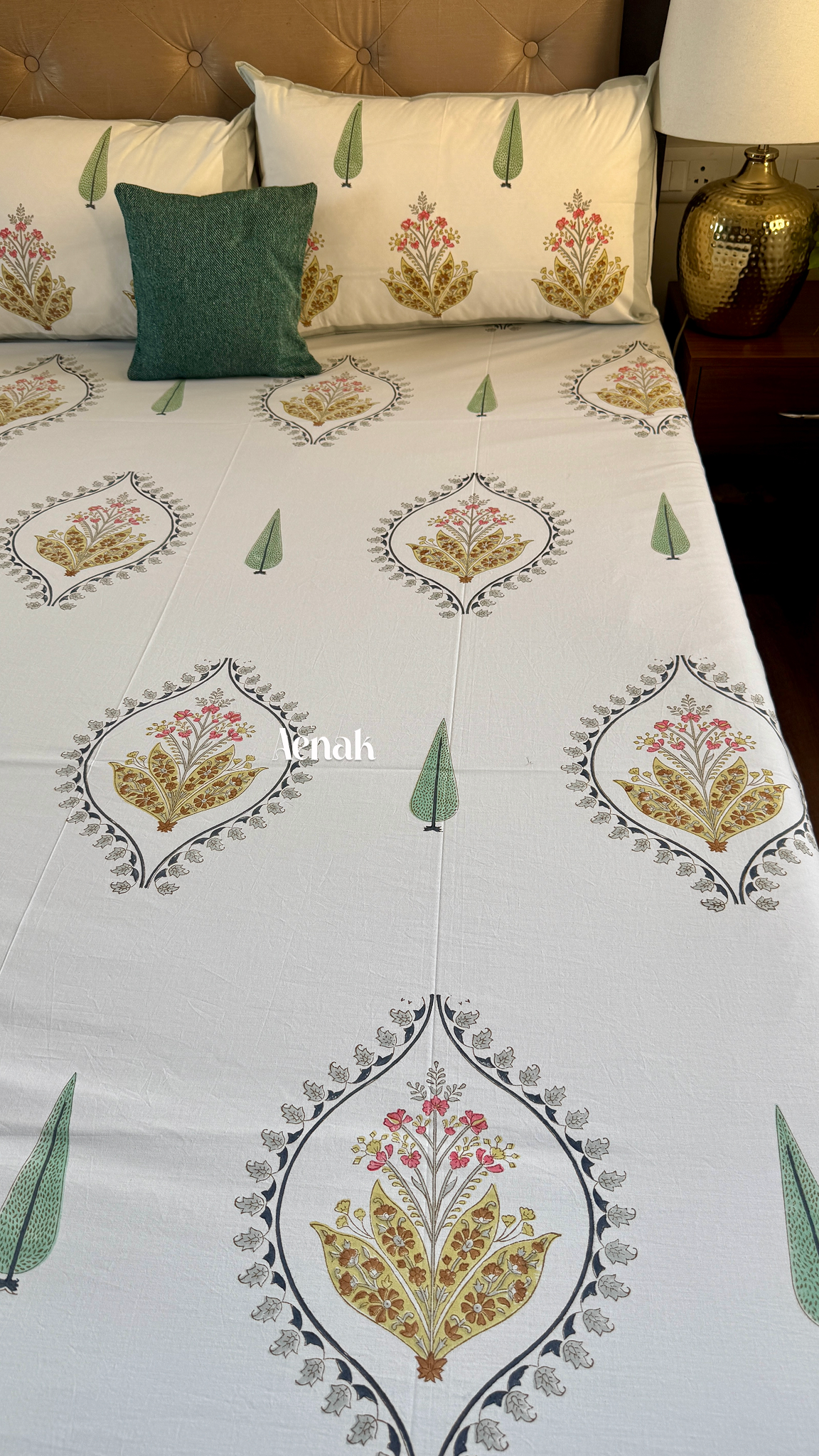 Yellow Grey Boota Handblock Printed Premium Cotton Bedsheet Set