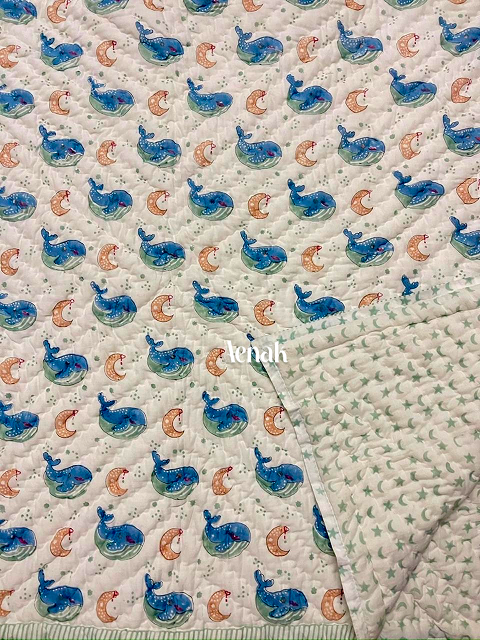Blue Whale Handblock Printed Reversible Mulmul Cotton Blanket