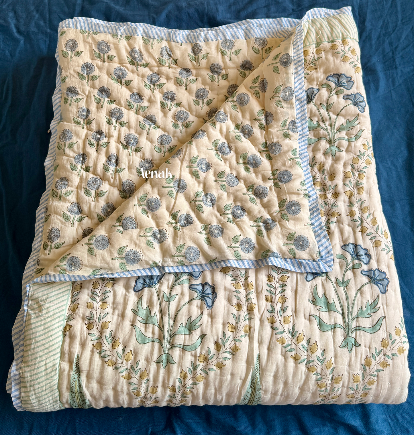 Blue Poppy Handblock Reversible Mulmul Cotton Quilt (Beige Base)