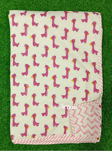 Pink Llama Handblock Printed Reversible Mulmul Cotton Dohar Blanket