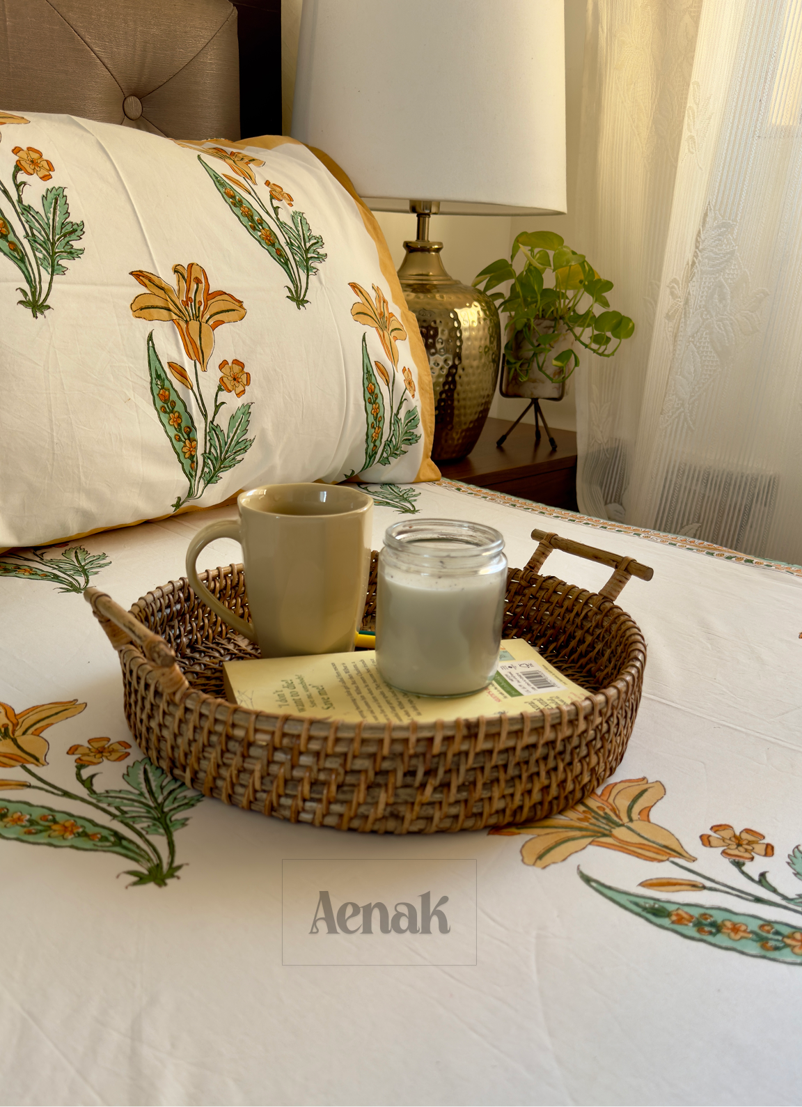 Yellow Lily Handblock Bedsheet + Quilted Bedcover Combo