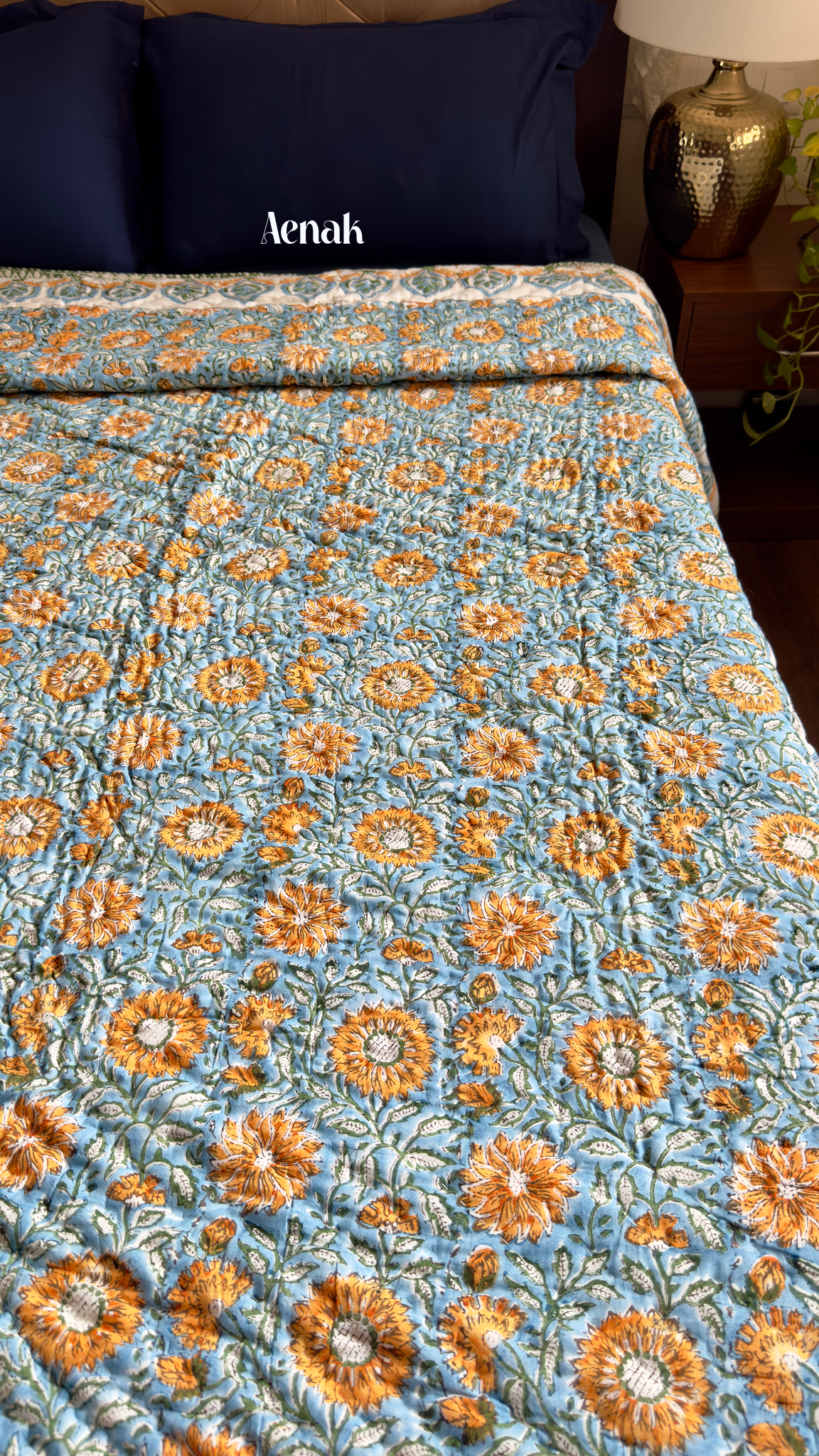 Blue & Yellow Floral Garden Handblock Printed Reversible Mulmul Cotton Quilt