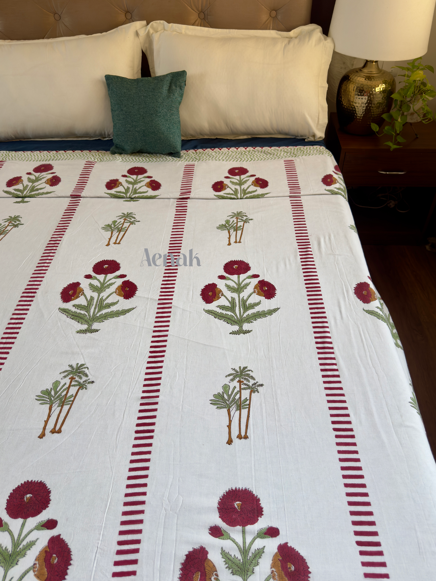 Red Dahlia Handblock Bedsheet + Dohar Combo