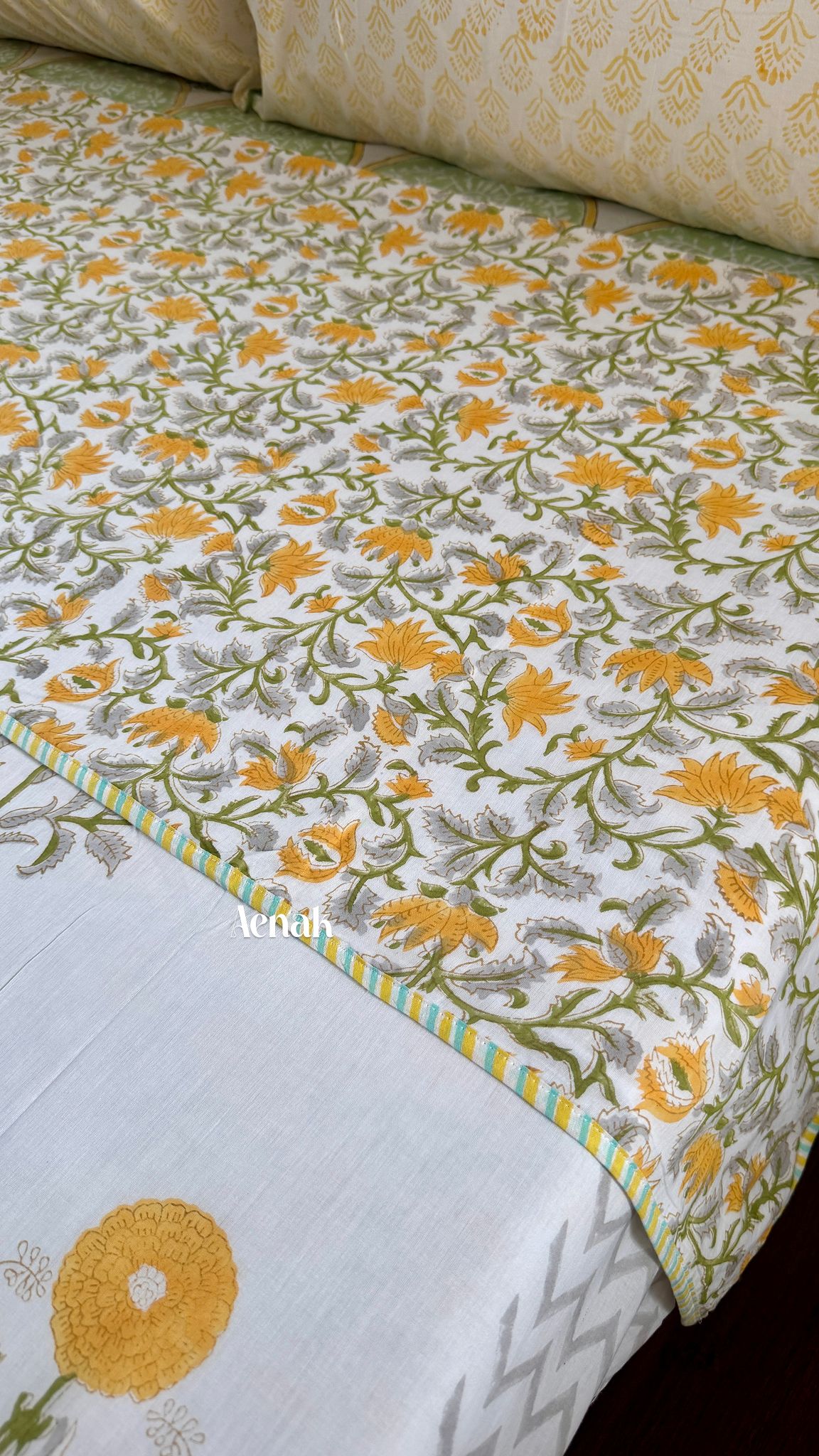 Yellow Dahlia Garden Handblock Printed Mulmul Cotton Reversible Dohar