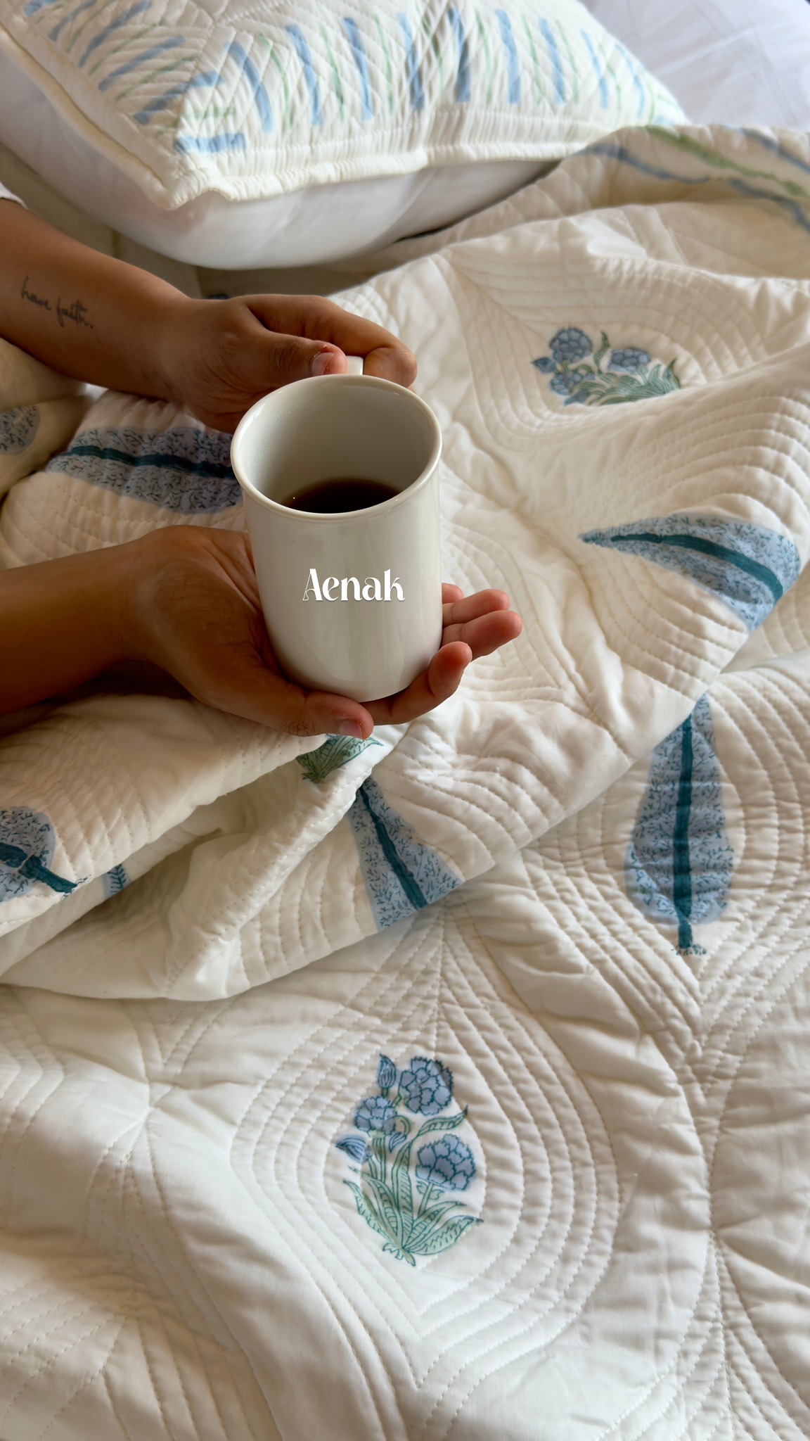 White Embossed Handblock Printed Quilted Bedcover