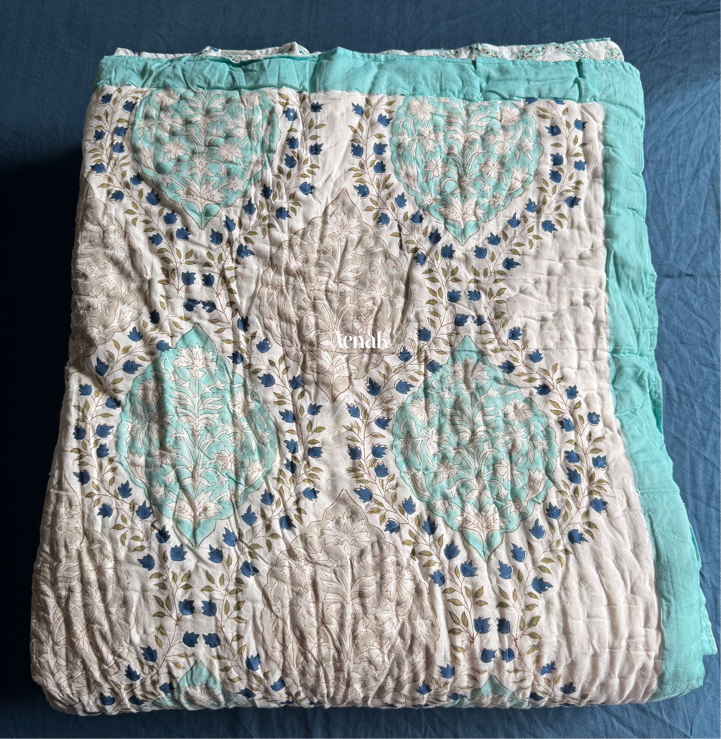 Blue Jaal Handblock Printed Reversible Mulmul Cotton Quilt