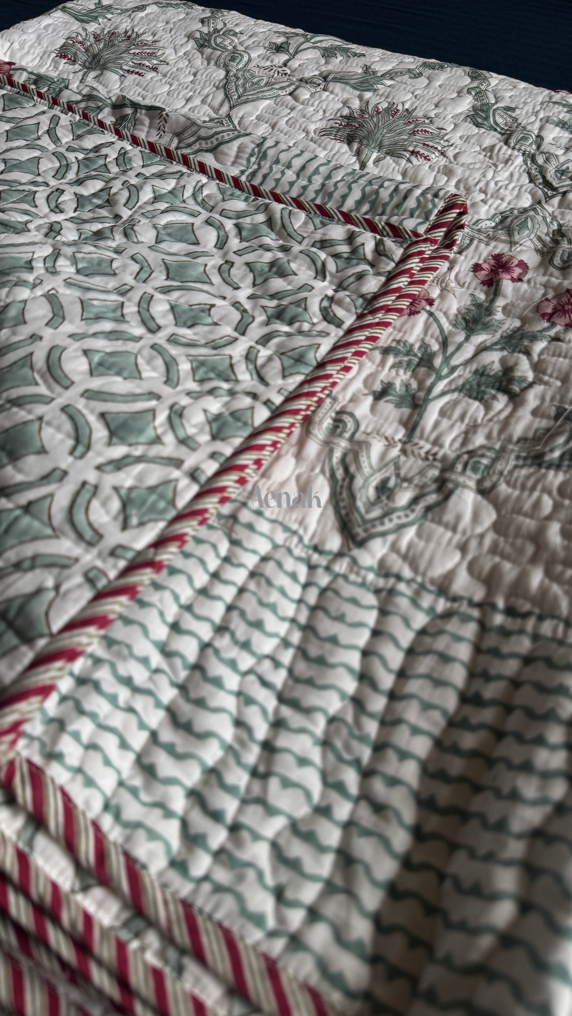 Sage Green Jaal Handblock Printed Reversible Quilted Cotton Bedcover