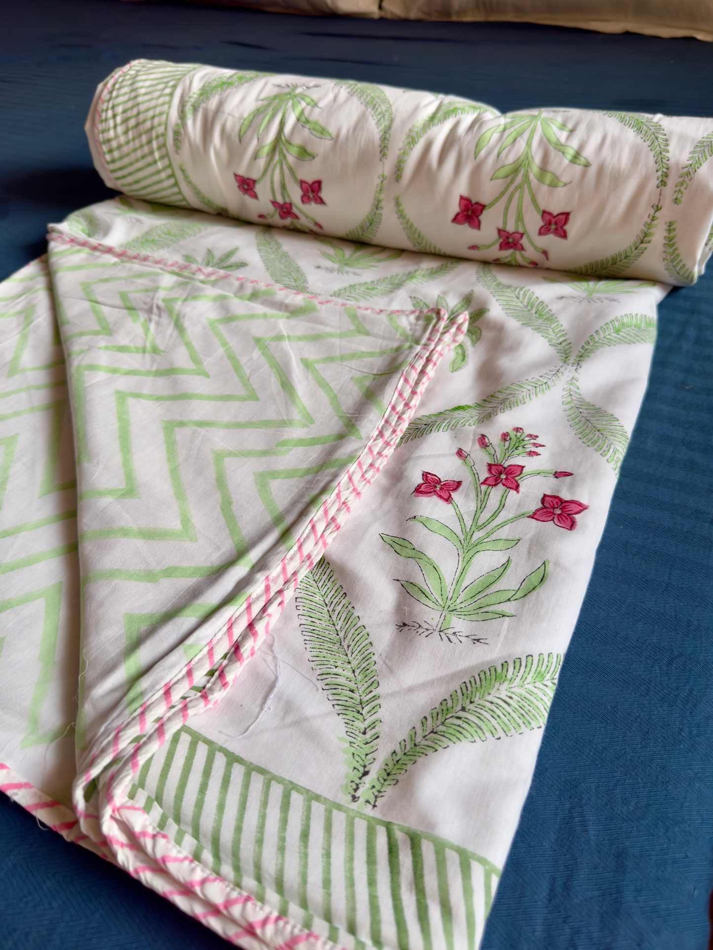 Green Palm Handblock Bedsheet + Dohar Combo Set