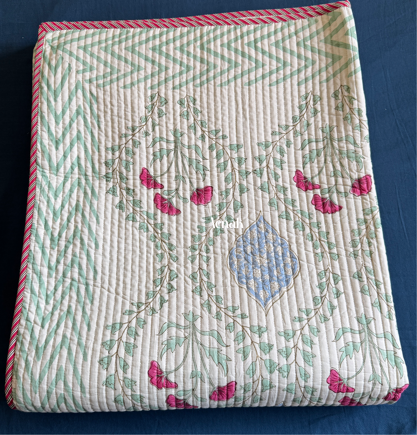 Pink Poppy Printed Reversible Straight Quilted Bedcover Set (Light Beige Base)