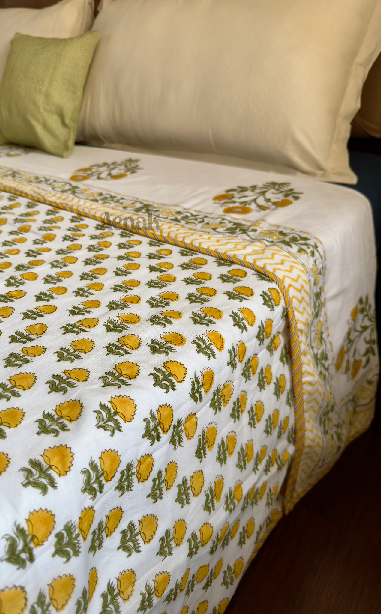 Yellow Marigold Handblock Printed Mulmul Cotton Reversible Dohar
