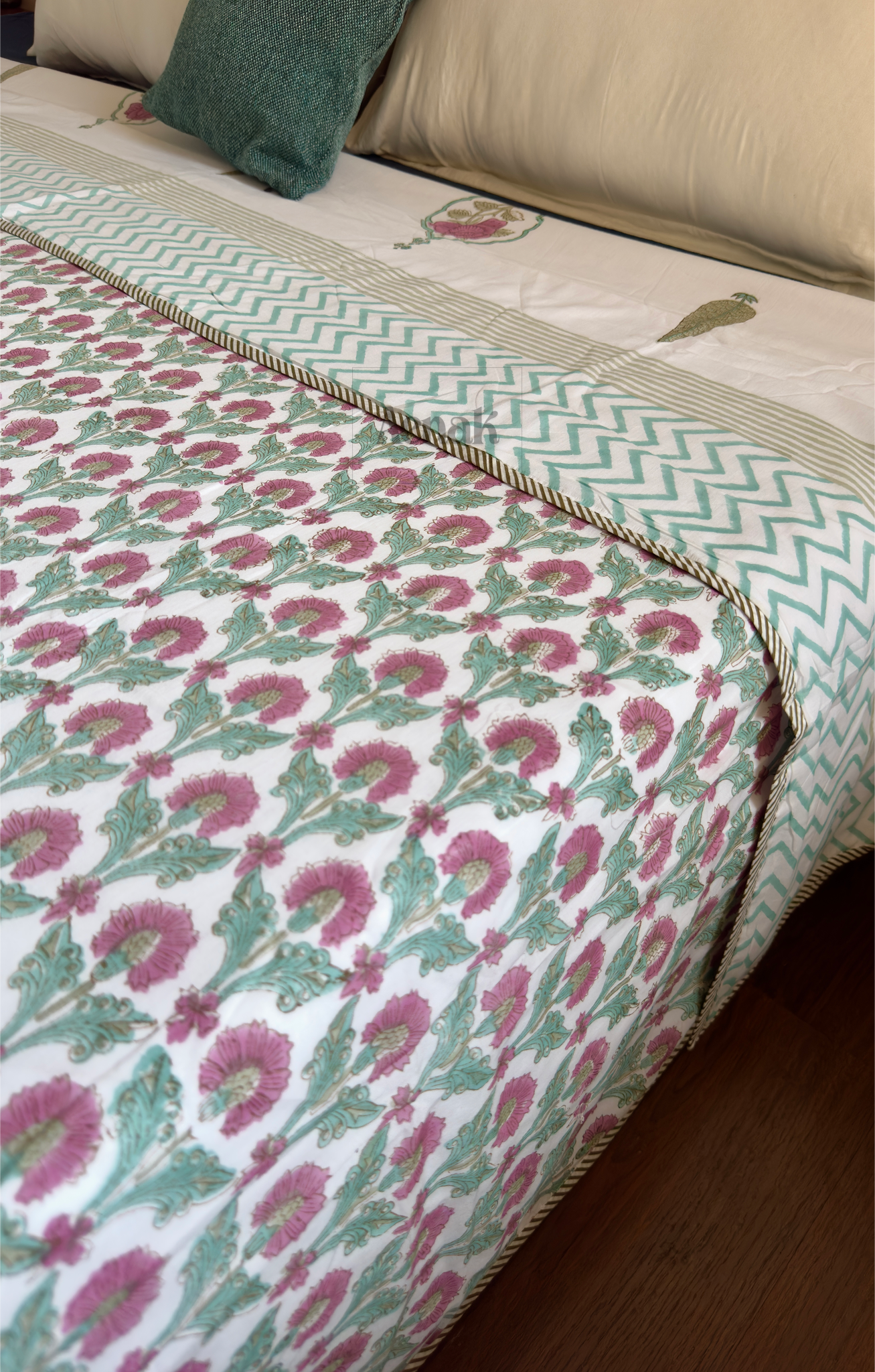 Purple Rose Handblock Printed Mulmul Cotton Reversible Dohar