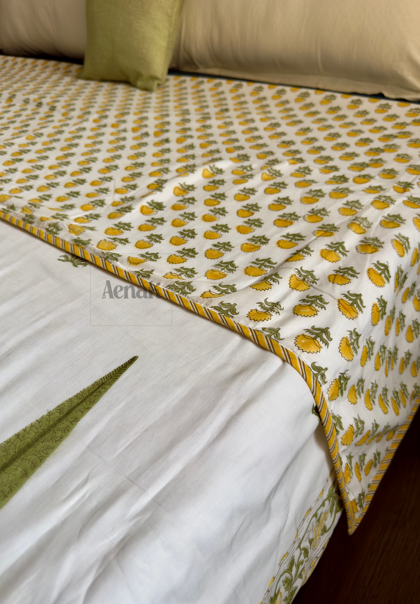 Yellow Marigold Handblock Printed Mulmul Cotton Reversible Dohar