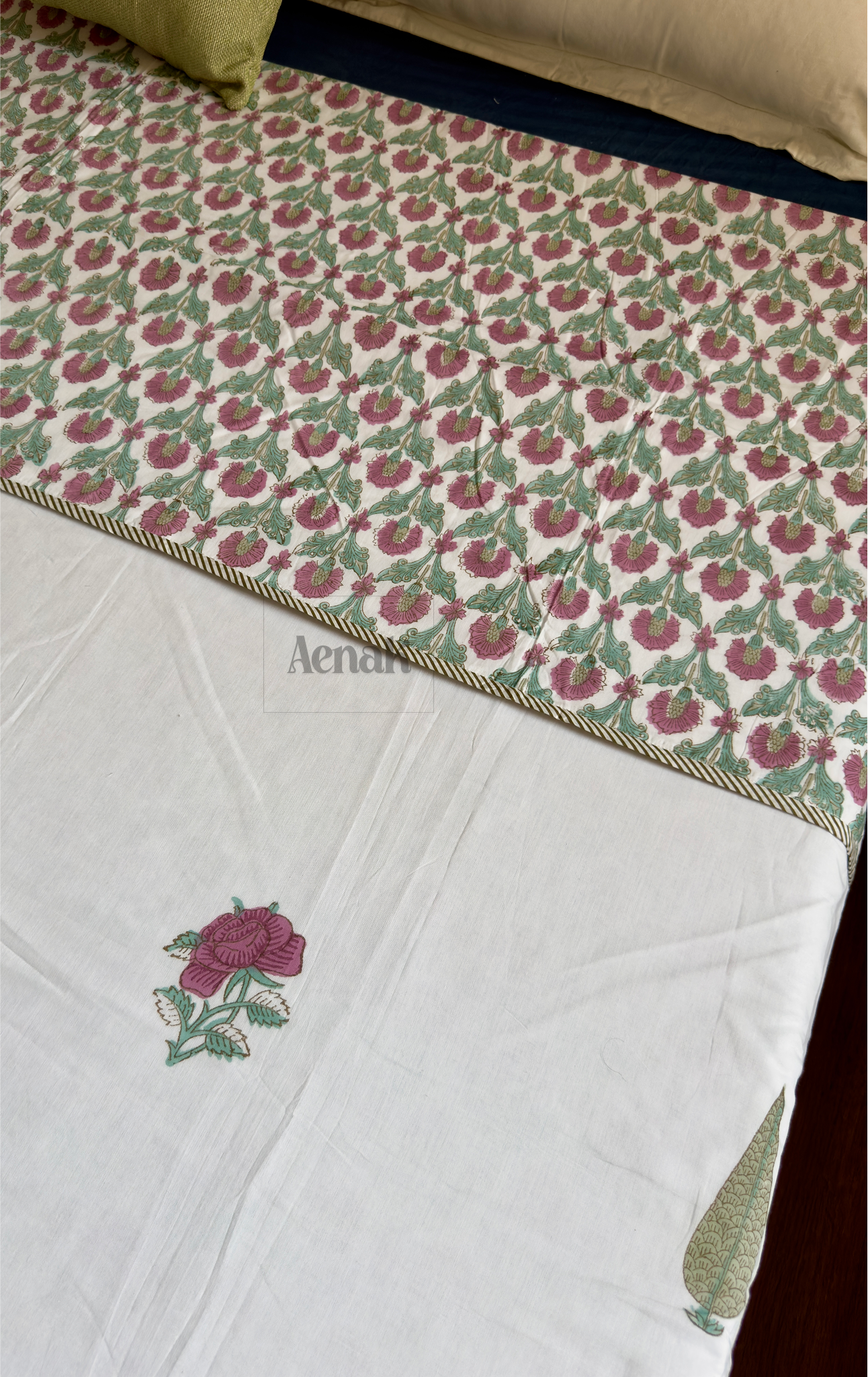 Purple Rose Handblock Printed Mulmul Cotton Reversible Dohar