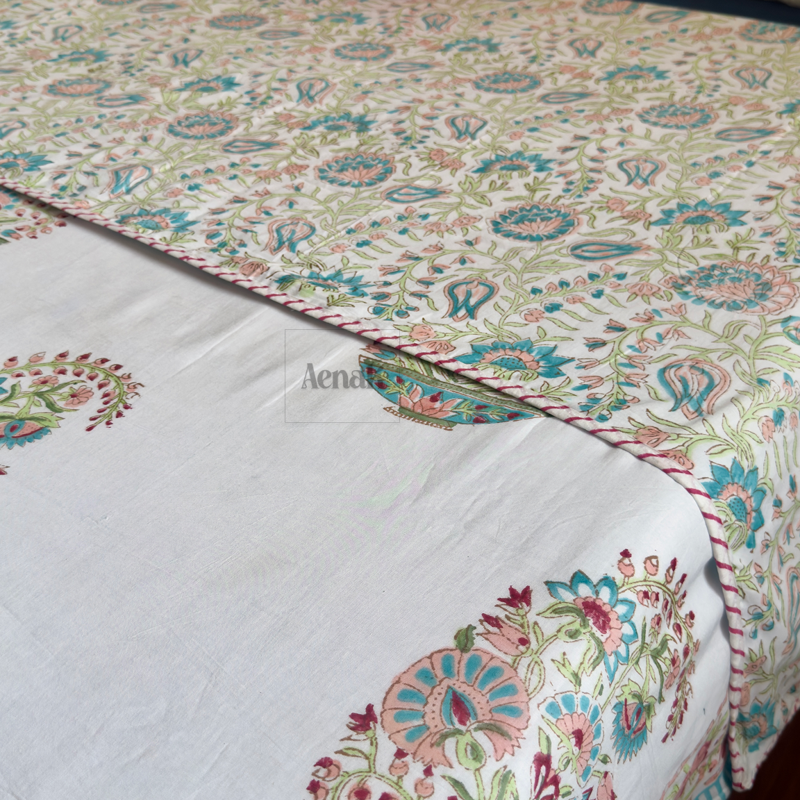 Pink Kairi Handblock Bedsheet + Dohar Combo Set