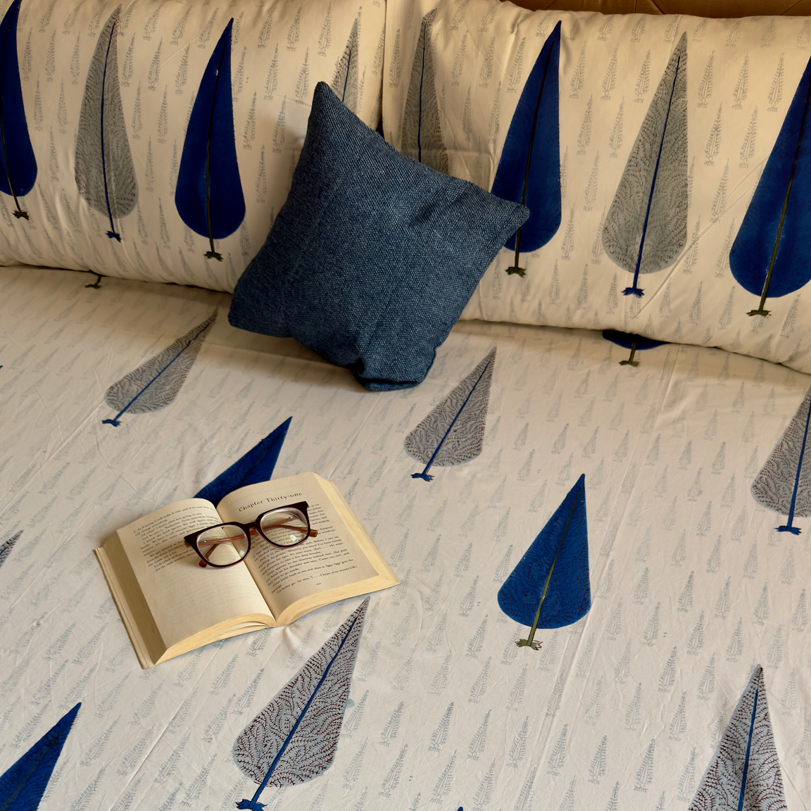 Blue Cypress Handblock Bedsheet + Quilted Bedcover Combo Set