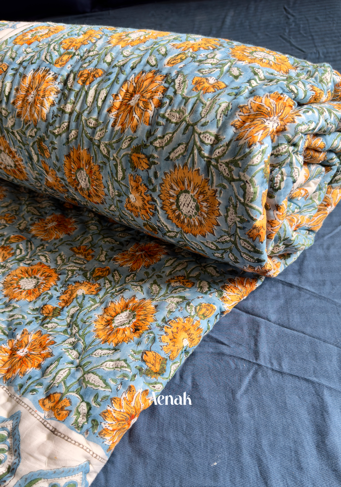 Blue & Yellow Floral Garden Handblock Printed Reversible Mulmul Cotton Quilt