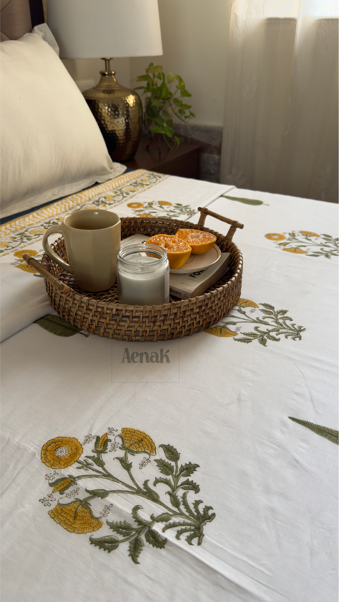 Yellow Marigold Handblock Printed Mulmul Cotton Reversible Dohar