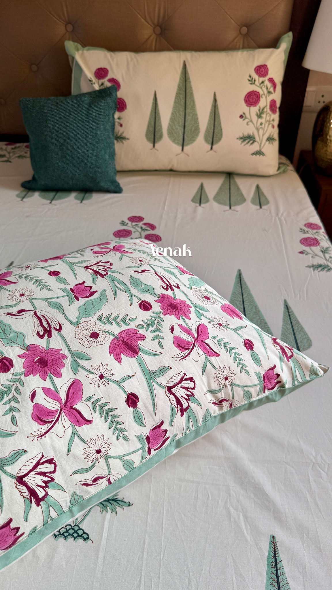 Magenta Floral Garden Handblock Printed Premium Cotton Bedsheet (Ivory Base)