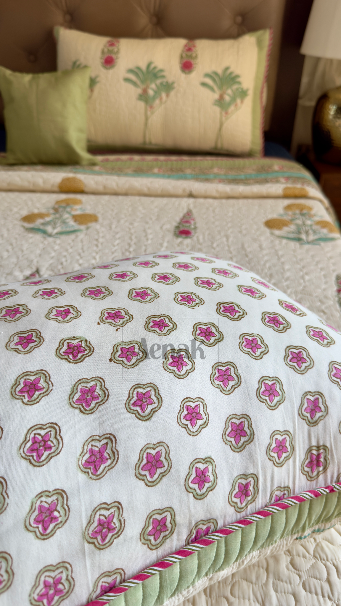 Guldasta & Palm Handblock Printed Reversible Quilted Bedcover (Non-White)
