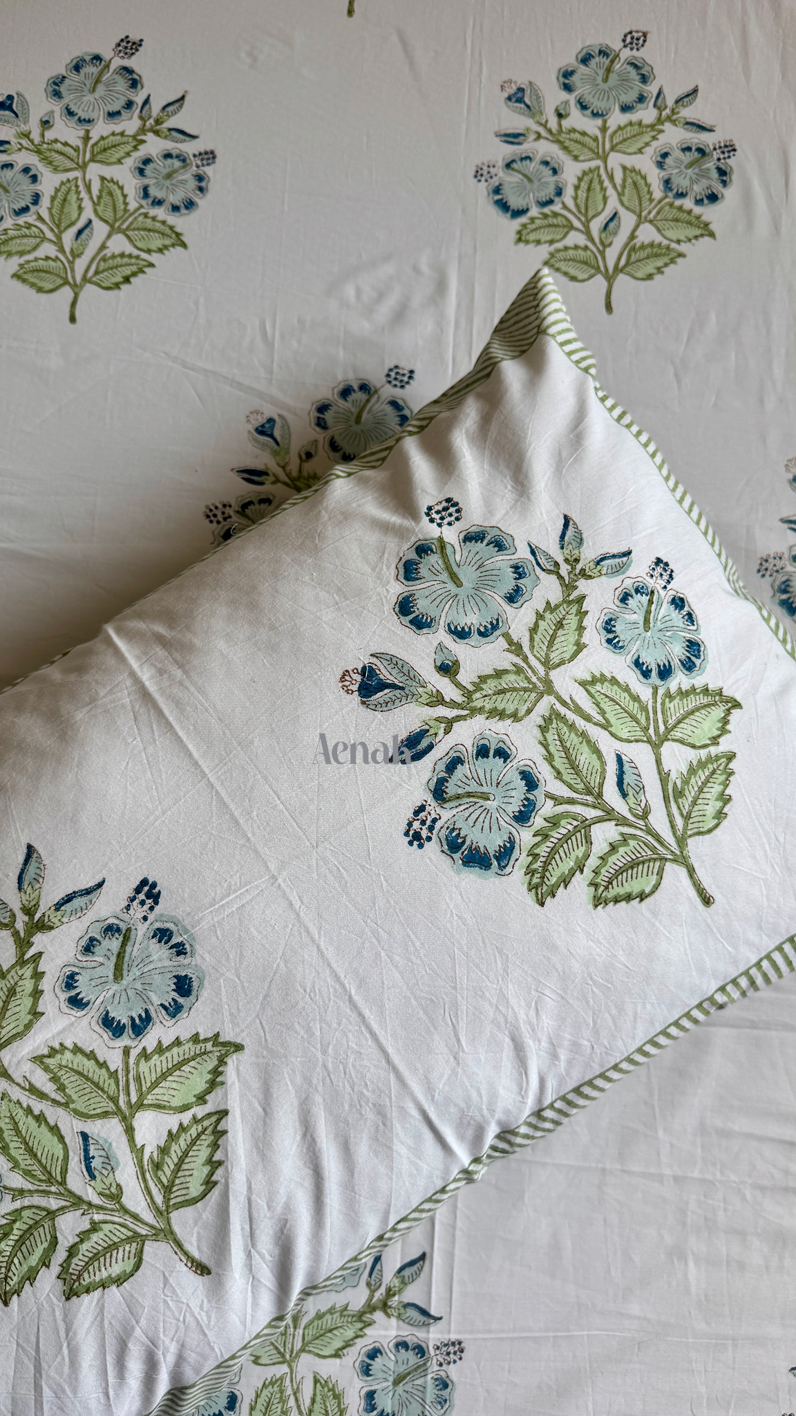 Blue Hibiscus Handblock Printed Premium Cotton Bedsheet